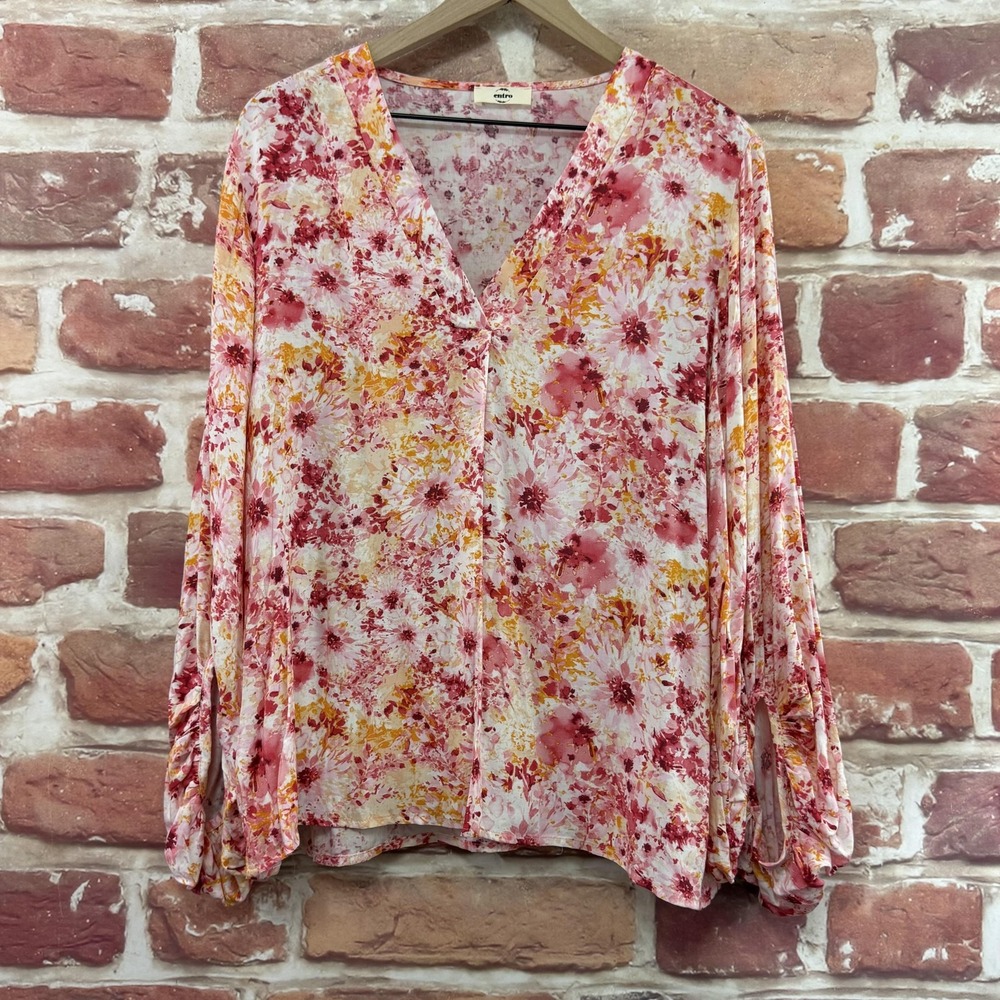 Entro Top Women's Medium Pink Multicolor Floral Abstract Peasant Sleeve Shirt